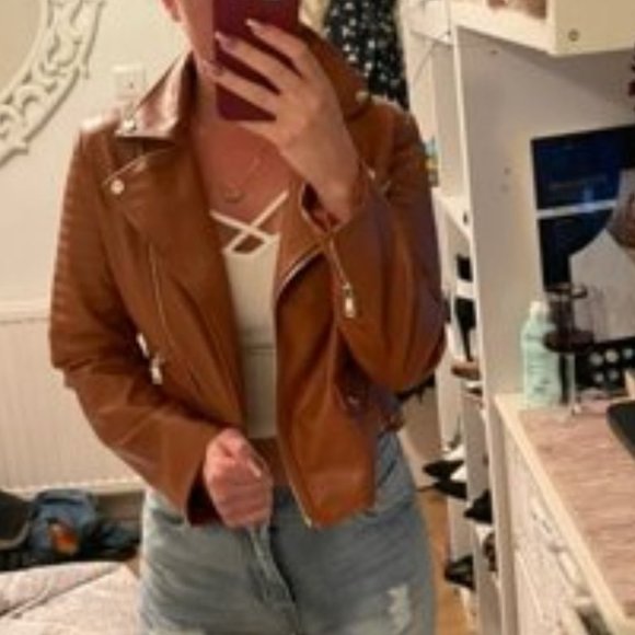 Faux eather zipper biker motorcycle jacket camel - Picture 7 of 9